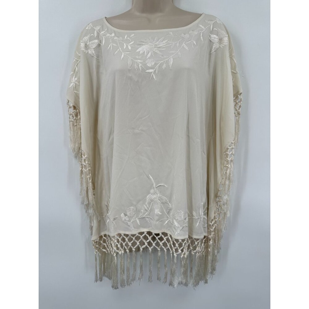 French Connection Embroider Kimono Top Fringe Cream Oversized BOHO Hippie S 4